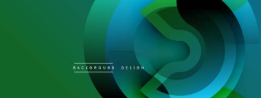 Soyut tasarım özellikleri üst üste binen daireler, gradyanlar. Yeşil, mavi renkler kompozisyona hakim. Modern estetik, pürüzsüz geçişler görünür.