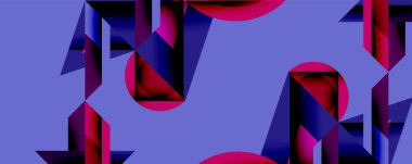 Soyut geometrik şekiller örtüşüyor, canlı renk eğimleri yaratıyor. Mor arka plan koyu pembe ve mavi zıtlıkları arttırır. Modern tasarım.