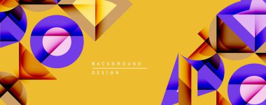 Soyut geometrik şekiller örtüşür, canlı renk zıtlıkları yaratır. Sarı arka plan mor, turuncu ve pembe elementleri vurgular. Modern tasarım.