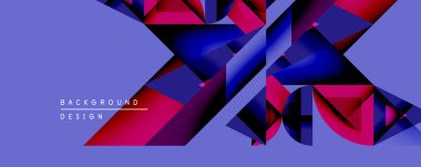 Soyut geometrik şekiller dinamik bileşim yaratır. Canlı morumsu, lacivert, mor renkler dizaynda baskın. Modern estetik.