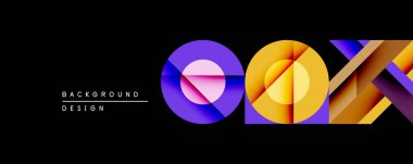 Soyut geometrik şekiller, canlı renkler, üst üste binen daireler modern tasarım yaratır. Siyah arkaplan parlak eğimleri vurgular.