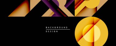 Soyut geometrik tasarım. Altın, mor katmanlar siyah arkaplanla örtüşüyor. Dairesel element sağ tarafa hükmediyor. Modern, canlı kompozisyon.