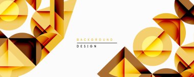 Soyut geometrik şekiller, altın renkler, modern tasarım. Katmanlı üçgenleri, daireleri, kareleri olan minimalist kompozisyon. Temiz, zarif bir arka plan..