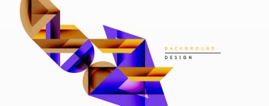 Soyut geometrik şekiller örtüşür, dinamik bileşim yaratır. Altın, mor, kahverengi renkler tasarımda baskın. Modern estetik.