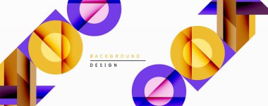 Soyut geometrik bileşim. Üst üste binen daireler, dikdörtgenler dinamik görsel efekt yaratır. Parlak renkler, modern tasarım elemanları mevcut.