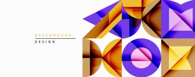 Soyut geometrik şekiller örtüşür, renkli arkaplan oluşturur. Sarı, mor, beyaz boşluklu baskın tasarım.