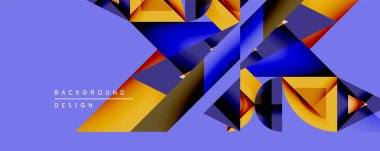 Soyut geometrik şekiller örtüşür, dinamik görsel doku oluşturur. Mavi, turuncu, sarı renkler kompozisyona hakim. Modern tasarım ögesi.