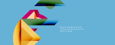 Soyut geometrik şekiller örtüşüyor, canlı renk eğimleri yaratıyor. Mavi arkaplan karşıtlık sağlar, modern tasarım ögesi.