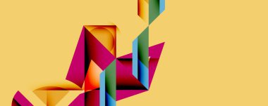 Soyut geometrik şekiller örtüşür ve canlı bir bileşim yaratır. Sarı arkaplan renkli biçimleri, modern tasarımı vurguluyor.