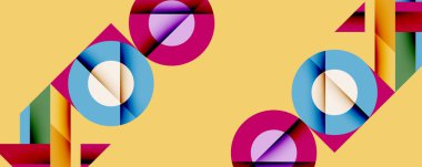 Soyut geometrik bileşim. Çemberler, üçgenler, dikdörtgenler çakışıyor. Parlak renkler dinamik görsel efekt yaratır. Minimalist tasarım.