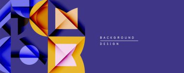 Soyut geometrik şekiller örtüşür, dinamik bileşim yaratır. Canlı renkler, koyu mor arkaplan ile tezat oluşturuyor. Modern tasarım ögesi.