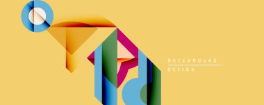 Soyut geometrik şekiller örtüşüyor, canlı renk eğimleri yaratıyor. Sarı arkaplan karşıtlık sağlar, modern tasarım estetik.