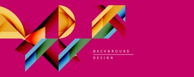 Soyut geometrik şekiller örtüşür, dinamik görsel efekt yaratır. Parlak renkler morumsu arka plana karşı kontrasttır. Modern tasarım ögesi.