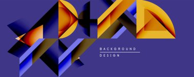 Soyut geometrik şekiller örtüşür, dinamik görsel efekt yaratır. Turuncu, sarı, mavi renkler kompozisyona hakim. Modern tasarım ögesi.