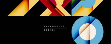 Soyut geometrik şekiller siyah arkaplanla örtüşür. Parlak renkler dinamik görsel efekt yaratır. Modern tasarım elemanları.