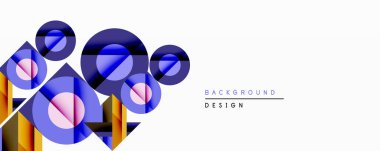 Soyut geometrik bileşim. Daireler, üçgenler üst üste binerek dinamik görsel efekt yaratır. Modern tasarım elementleri, mavi, altın rengi.