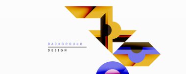 Soyut geometrik şekiller örtüşür, dinamik görsel kompozisyon yaratır. Sarı, mor, siyah renkler tasarıma hakim. Minimalist stil.