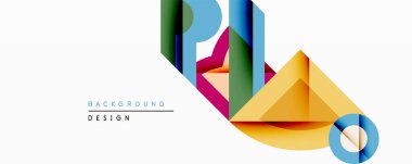 Soyut geometrik şekiller örtüşür, canlı katmanlı tasarım yaratır. Sarı egemen, mavi, yeşil, pembe renkler aksanlı. Modern estetik.