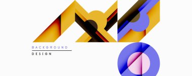 Soyut geometrik şekiller, canlı renkler, modern tasarım elementleri. Sarı, mavi, mor renkler dinamik kompozisyon oluşturur.