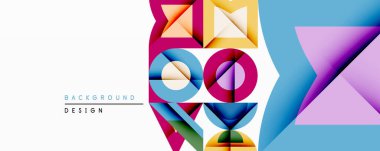 Soyut geometrik şekiller, canlı renkler, modern tasarım. Üst üste binen üçgenler, daireler dinamik bileşim oluşturur. Temiz, minimalist estetik.