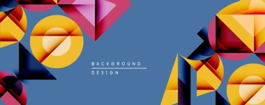 Soyut geometrik şekiller, canlı renkler, modern tasarım. Mavi arkaplan karşıtlık sağlar, dinamik görsel efekt yaratır.