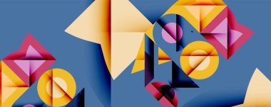 Soyut geometrik bileşim. Şekiller çakışıyor, dinamik görsel deneyim yaratıyor. Sıcak renkler serin mavi arkaplanı karşılar.