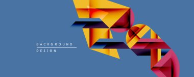 Soyut geometrik şekiller örtüşür, dinamik görsel akış yaratır. Sıcak renkler serin mavi arkaplanı karşılar. Modern tasarım ögesi.