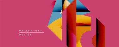 Soyut geometrik şekiller örtüşür, canlı görsel doku oluşturur. Kırmızı arkaplan renkli tasarım elemanlarını vurgular.