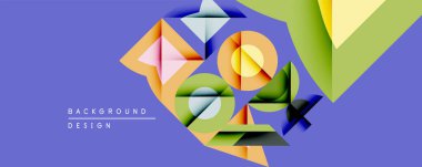 Soyut geometrik bileşim. Üst üste binen şekiller dinamik görsel efekt yaratır. Parlak renkler mor arkaplan ile karşıtlık.