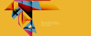 Soyut geometrik şekiller örtüşür, canlı renk blokları oluşturur. Sarı arkaplan karşıtlık sağlar, modern tasarım ögesi.