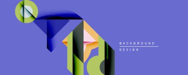 Soyut geometrik şekiller örtüşür, dinamik görsel efekt yaratır. Mavi, yeşil, turuncu renkler kompozisyona hakim. Modern tasarım ögesi.