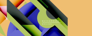 Soyut geometrik şekiller örtüşür, canlı katmanlı tasarım yaratır. Renkler arasında mavi, yeşil, turuncu, kırmızı var. Minimalist stil.