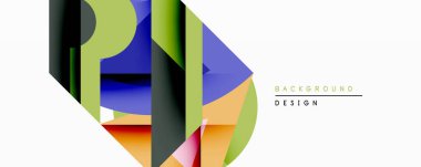 Soyut geometrik şekiller örtüşür, canlı renk blokları oluşturur. Modern tasarım, gradyanlar, katmanlar, temiz çizgiler içerir. Minimalist kompozisyon.