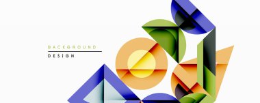 Soyut geometrik şekiller örtüşür, canlı modern tasarım yaratır. Renkler turuncu, yeşil, mavi, sarı. Minimalist kompozisyon.
