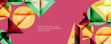 Soyut geometrik şekiller örtüşür, canlı renkli tasarım yaratır. Kırmızı arkaplan karşıtlık ve modern estetik sağlar.