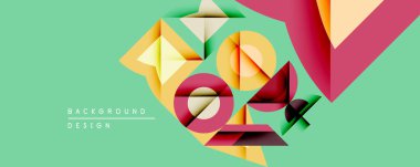 Soyut geometrik bileşim. Üst üste binen şekiller dinamik görsel efekt yaratır. Parlak renkler, modern tasarım elemanları mevcut.