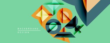 Soyut geometrik şekiller üst üste binerek katmanlı görsel efekt yaratır. Turuncu, deniz mavisi, gri renkler açık yeşil zemine hakim. Modern tasarım.