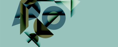 Soyut geometrik bileşim. Üst üste binen şekiller, dinamik görsel ilgi yaratır. Kapalı renkler, deniz mavisi arkaplanı, modern tasarım.