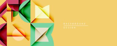 Soyut geometrik şekiller örtüşüyor, canlı renk eğimleri yaratıyor. Sarı arkaplan karşıtlık sağlar, modern tasarım estetik.