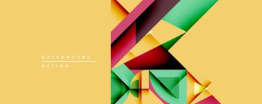 Soyut geometrik şekiller örtüşür, canlı renk blokları oluşturur. Sarı arkaplan karşıtlık sağlar, modern tasarım ögesi.