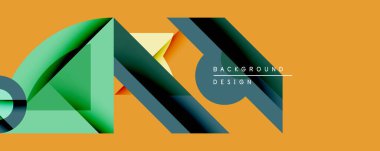 Soyut geometrik şekiller çakışıyor ve canlı bir görsel etki yaratıyor. Turuncu arka plan yeşil, mavi ve sarı elementleri tamamlar. Modern tasarım.