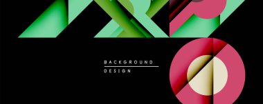 Soyut geometrik şekiller üst üste binerek katmanlı görsel efekt yaratır. Renkler arasında yeşil, kırmızı, siyah arka plana karşı altın yer alıyor. Modern tasarım elemanları.