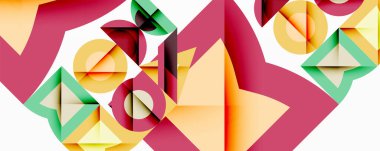 Soyut geometrik bileşim. Üst üste binen şekiller dinamik görsel doku yaratır. Renkler kırmızı, sarı ve yeşildir. Modern tasarım.