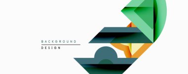 Soyut geometrik şekiller örtüşür, dinamik görsel kompozisyon yaratır. Yeşil, turuncu, deniz mavisi renkleri tasarımda baskın. Minimalist stil.