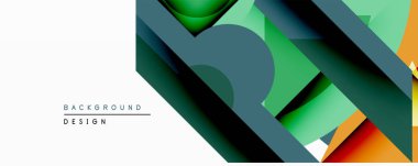 Soyut geometrik tasarım. Üst üste binen şekiller dinamik görsel doku yaratır. Yeşil, turuncu, deniz mavisi renkleri kompozisyona hakim. Modern biçim.