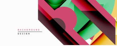 Soyut geometrik bileşim. Üst üste binen şekiller dinamik görsel efekt yaratır. Parlak renkler, modern tasarım elemanları mevcut.