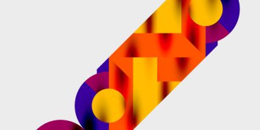 Soyut geometrik bileşim. Canlı turuncu, sarı, mor renkler karışımı. Şekiller örtüşür ve dinamik görsel efekt yaratır. Modern tasarım.