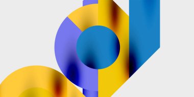 Soyut geometrik şekiller örtüşüyor, canlı renk eğimleri yaratıyor. Mavi, mor, sarı tonlar kompozisyona hakim. Minimalist tasarım.