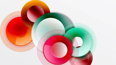 Soyut daireler örtüşüyor, canlı renk eğimleri yaratıyor. Çizgiler şekillerden yayılır, hareket ve derinlik gösterir. Modern tasarım elemanları.