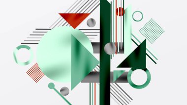 Soyut geometrik bileşim. Şekiller örtüşüyor, dinamik görsel ilgi yaratıyor. Renkler arasında yeşil, kırmızı, gri, beyaz var. Modern tasarım elemanları.